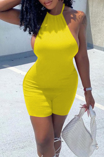 Yellow Sexy Solid Patchwork Halter Regular Rompers
