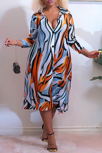 Orange Fashion Casual Print Basic Turndown Collar Long Sleeve Plus Size Dresses