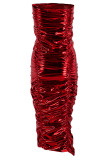 Красное сексуальное сплошное складчатое платье без бретелек без рукавов