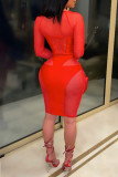 Rote Mode Sexy Patchwork Durchsichtiger V-Ausschnitt Langarm Kleider in Übergröße