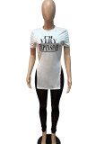 Grey Sexy Print Patchwork See-through O Neck Short Sleeve Two Pieces