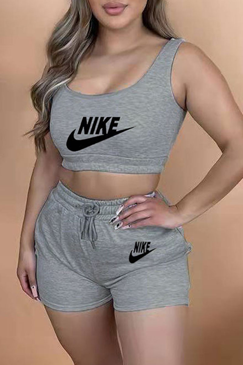 

Grey Fashion Casual Print Letter U Neck Sleeveless Two Pieces
