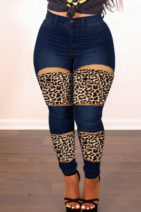 Azul profundo estampa de rua leopardo escavado patchwork cintura alta jeans regular