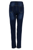 Diepblauwe Street Print Luipaard Uitgeholde Patchwork Hoge Taille Regular Denim Jeans