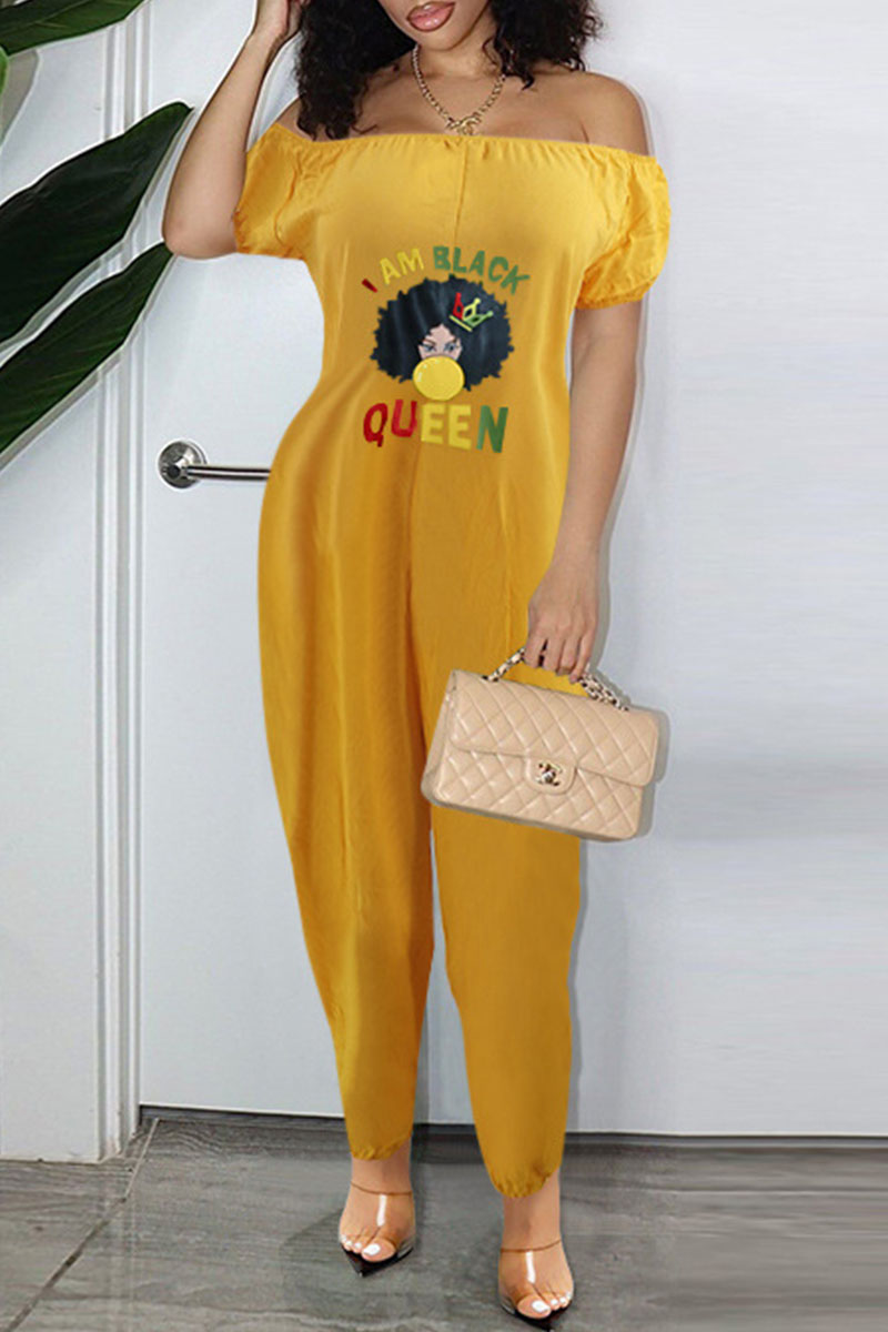 

Yellow Casual Print Split Joint Off the Shoulder Loose Jumpsuits