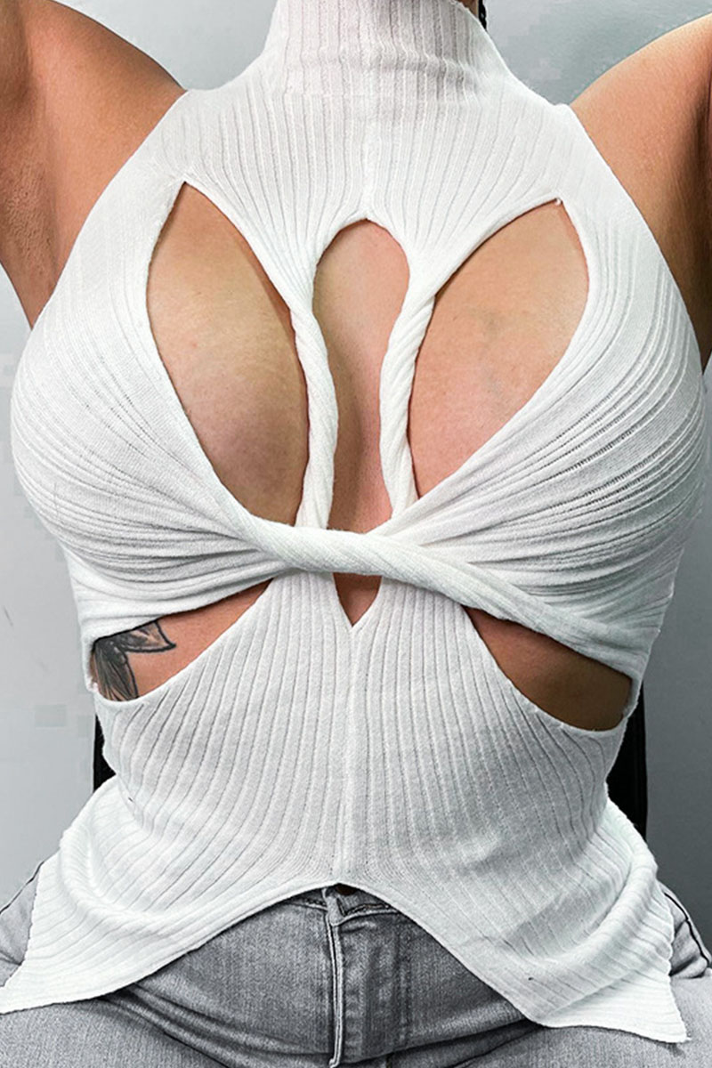 

White Sexy Solid Hollowed Out Split Joint Asymmetrical Half A Turtleneck Tops
