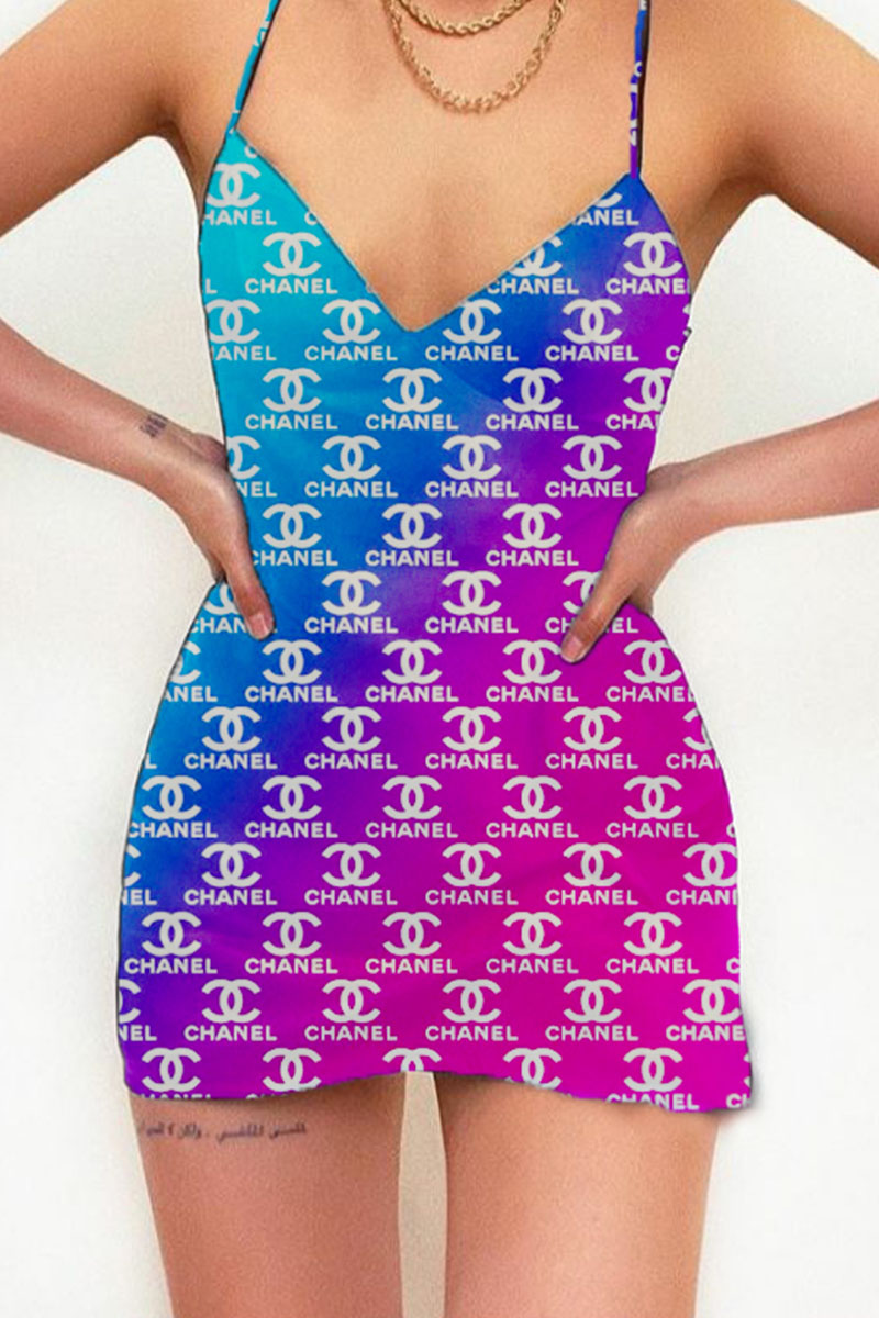 

Colour Fashion Sexy Print Split Joint Spaghetti Strap One Step Skirt Dresses