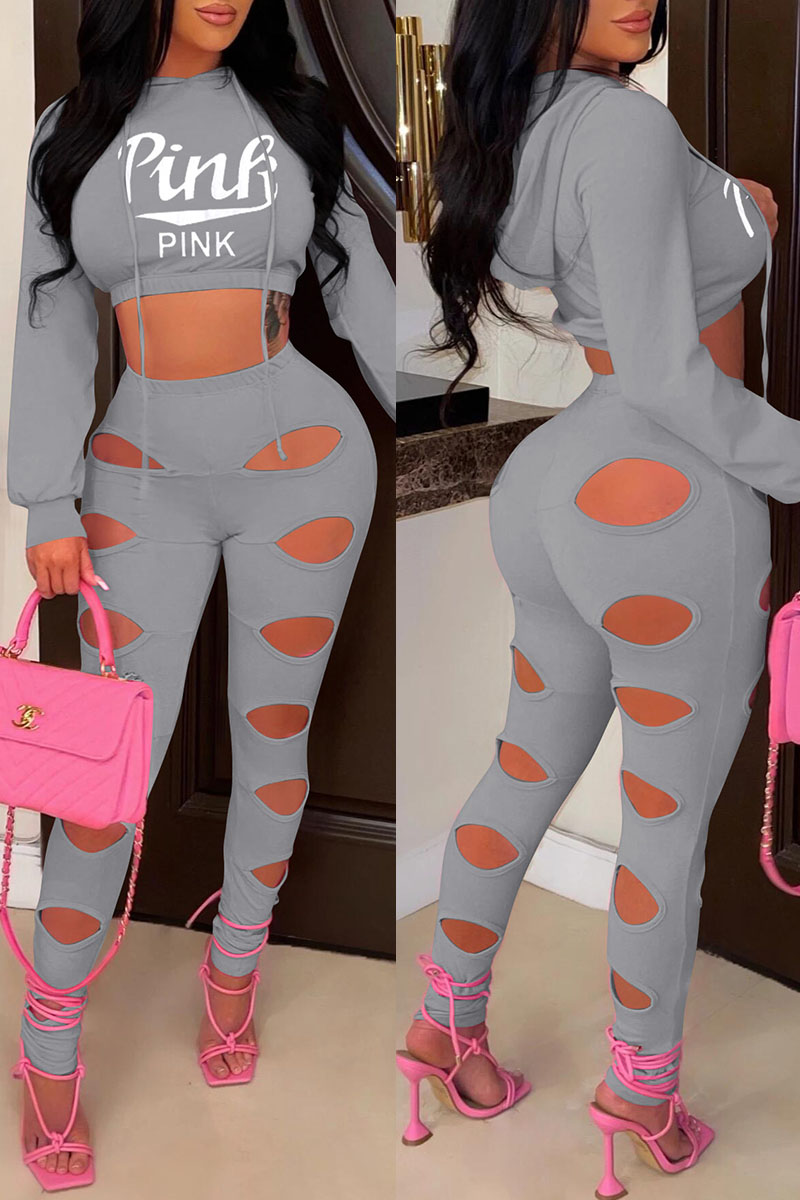

Grey Sexy Print Hollowed Out Split Joint Hooded Collar Long Sleeve Two Pieces