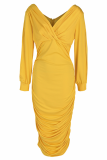 Vestidos de falda de lápiz con cuello en V ahuecado sólido sexy amarillo