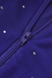 Blaue Mode-Patchwork-Heißbohrungs-durchsichtige halbe Rollkragen-Langarm-Kleider