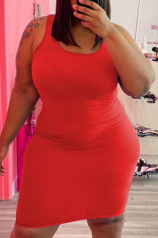 Falda de lápiz con cuello en O de patchwork sólido sexy rojo Vestidos de talla grande