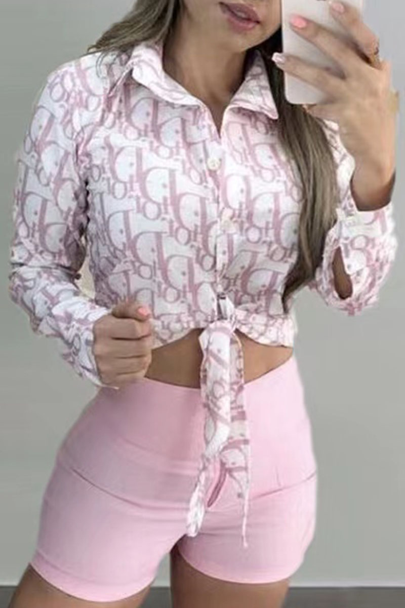 

Pink Fashion Casual Print Letter Turndown Collar Tops