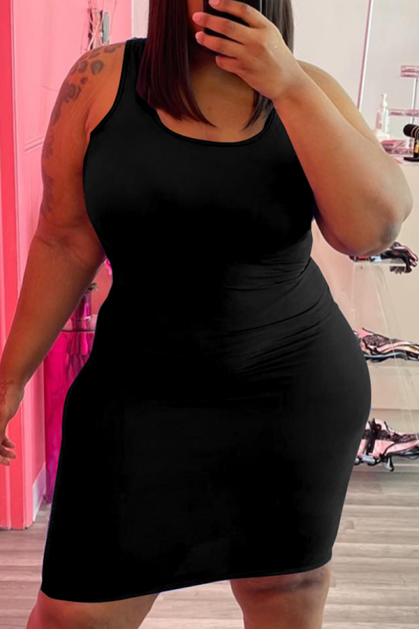 Black Sexy Solid Patchwork O Neck Pencil Skirt Plus Size Dresses