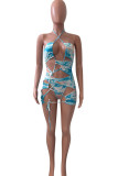 Blue Sexy Print Bandage Hollowed Out Patchwork Asymmetrical Two Pieces