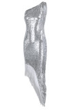 ホワイトファッションセクシーなパッチワークタッセルスパンコール非対称ワンショルダーイブニングドレス