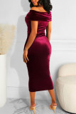 Burgundy Elegant Solid Patchwork Off the Shoulder One Step Skirt Dresses