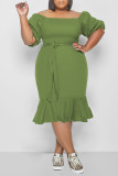 グリーン カジュアル ソリッド パッチワーク フラウンス ストレート プラス サイズ ドレス