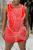 Röd Mode Sexig Hot Drilling Genomskinlig beading O-hals ärmlös klänning