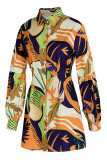 Multicolor Fashion Casual Print Without Belt Turndown Collar Long Sleeve Shirt Dress