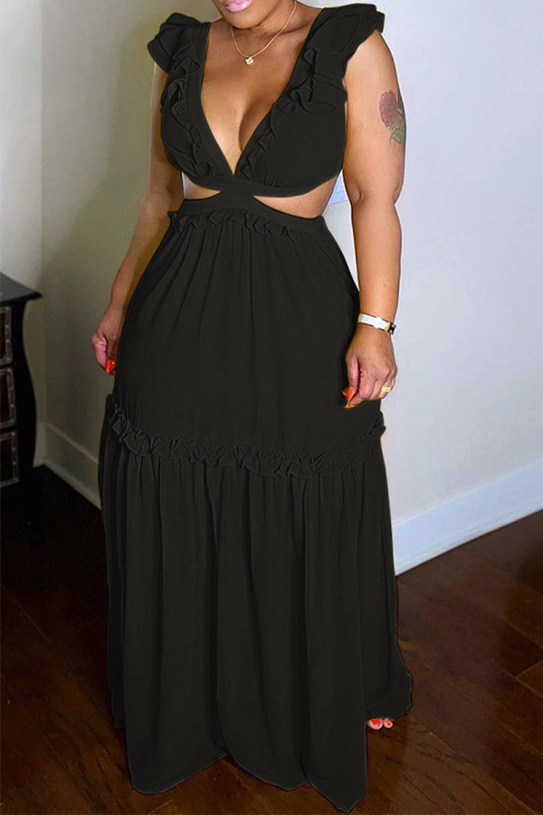 黒のセクシーなソリッドフラウンスVネックケーキスカートドレス