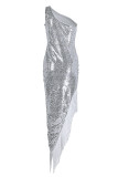 Weiß Fashion Sexy Patchwork Quaste Pailletten Asymmetrisches One-Shoulder-Abendkleid