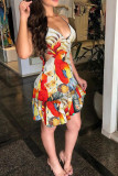 Red Sexy Print Hollowed Out Patchwork Spaghetti Strap Printed Dress Dresses