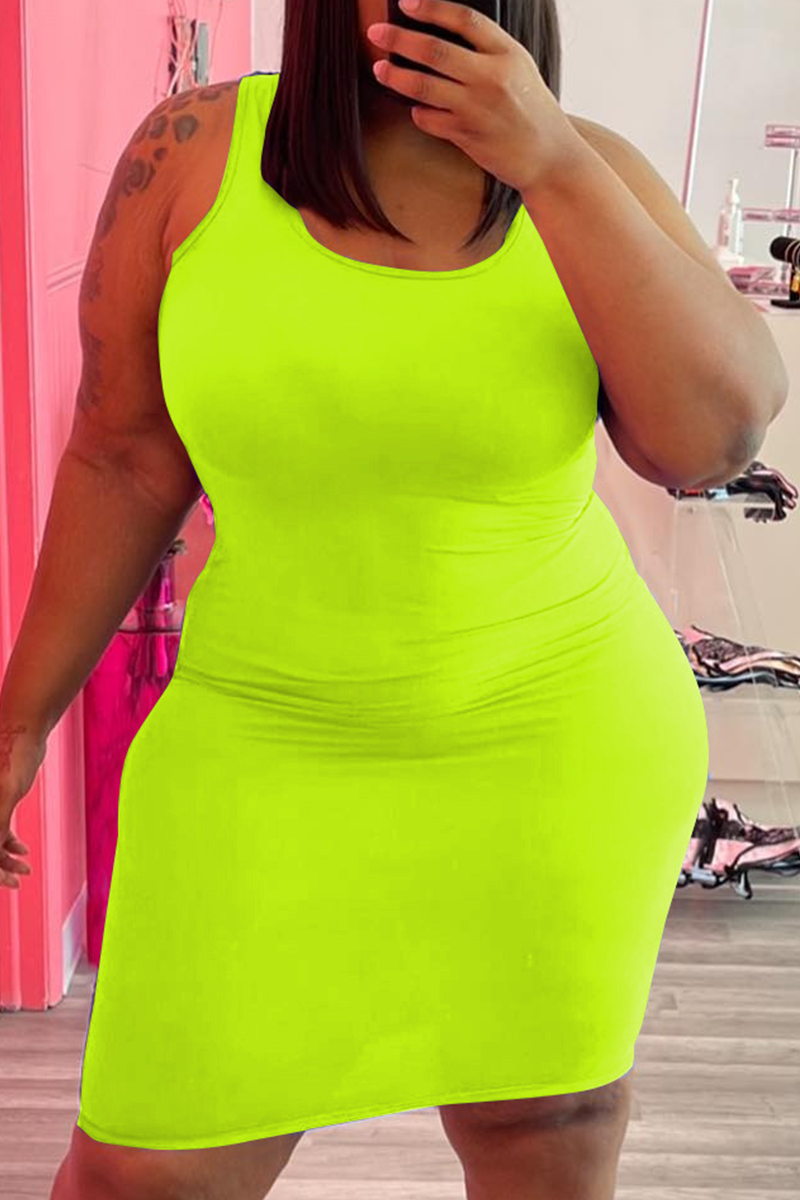 

Fluorescent Green Sexy Solid Split Joint O Neck Pencil Skirt Plus Size Dresses