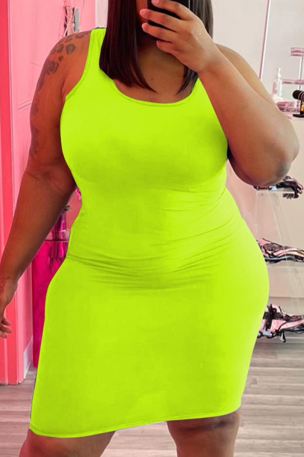 Fluorescent Green Sexy Solid Patchwork O Neck Pencil Skirt Plus Size Dresses