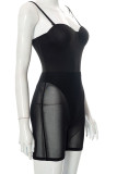 Black Sexy Solid Patchwork See-through Spaghetti Strap Sleeveless Two Pieces