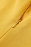 黄色のセクシーなソリッドくり抜かれたVネックペンシルスカートドレス