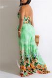 Green Fashion Sexy Print Backless Strapless Regular Jumpsuits