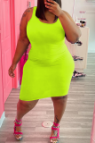 蛍光グリーンのセクシーな固体パッチワーク O ネックペンシルスカートプラスサイズのドレス