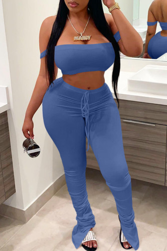 Baby Blue Fashion Sexy Solid Backless Strapless Sleeveless Two Pieces