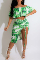Green Fashion Sexy Print Draw String Frenulum Slit Off the Shoulder Two Pieces
