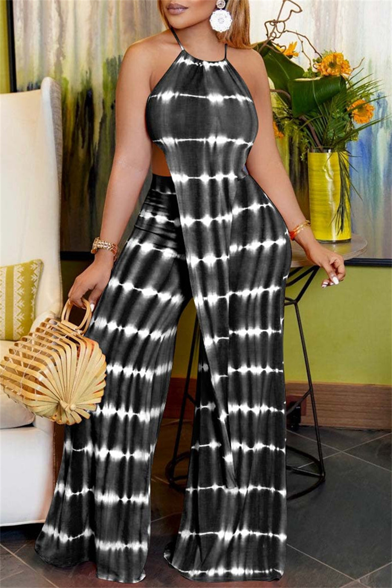 

Black Fashion Casual Print Bandage Asymmetrical O Neck Sleeveless Two Pieces