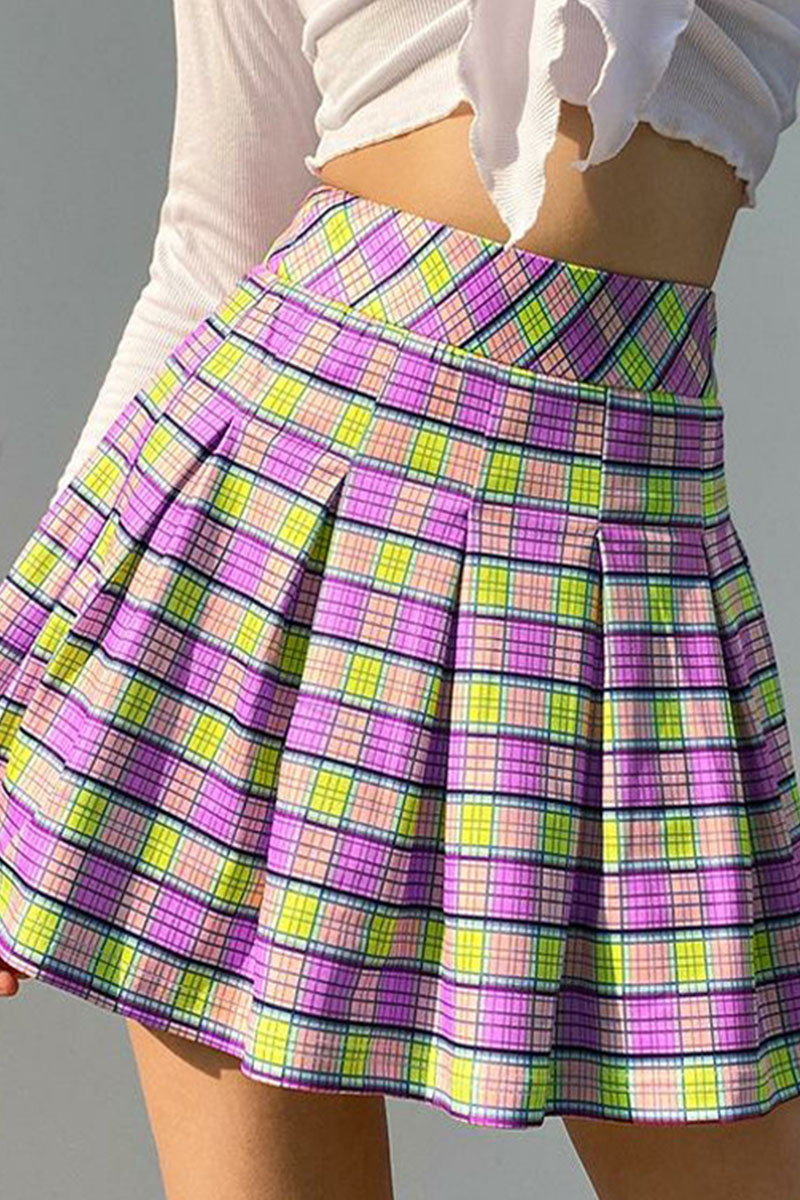 

Green Casual Plaid Print Split Joint High Waist Type A Full Print Bottoms