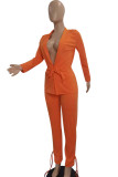 Orange Casual Work Solid Patchwork Turn-back Collar Long Sleeve Two Pieces(Contain The Belt)