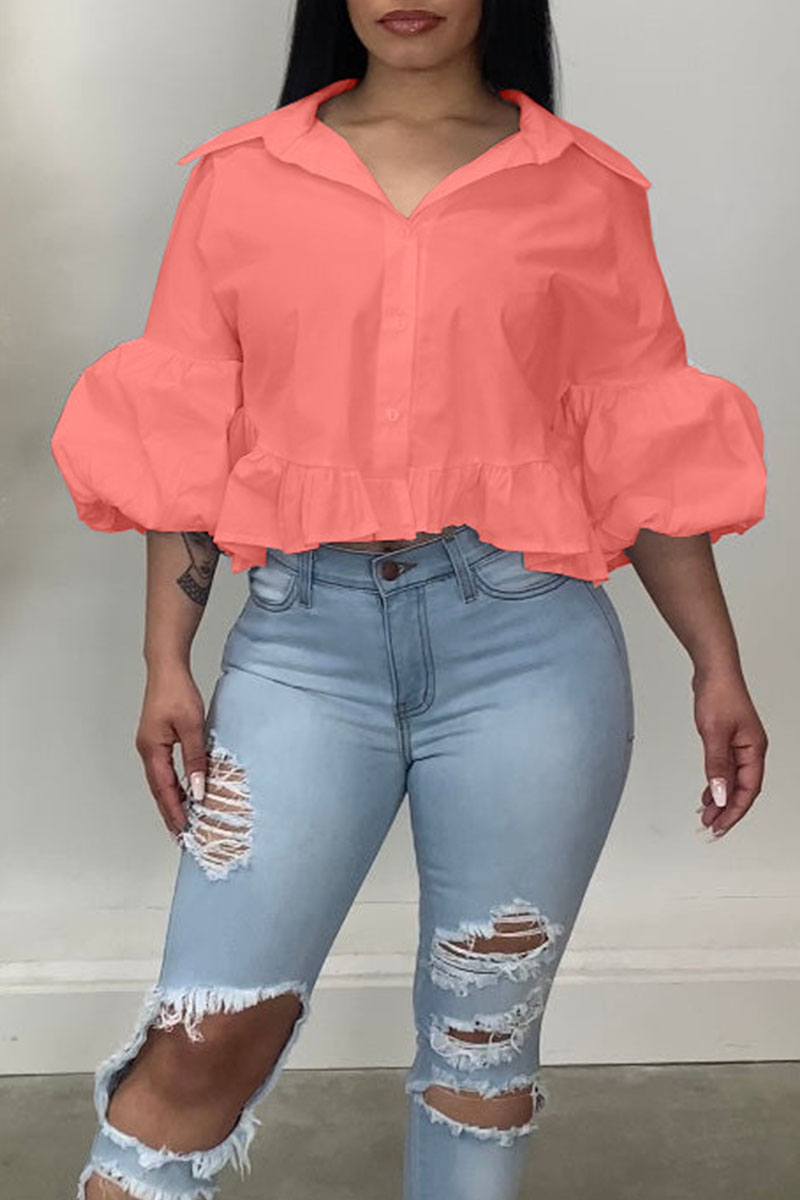 

Pink Casual Solid Split Joint Buckle Turndown Collar Tops