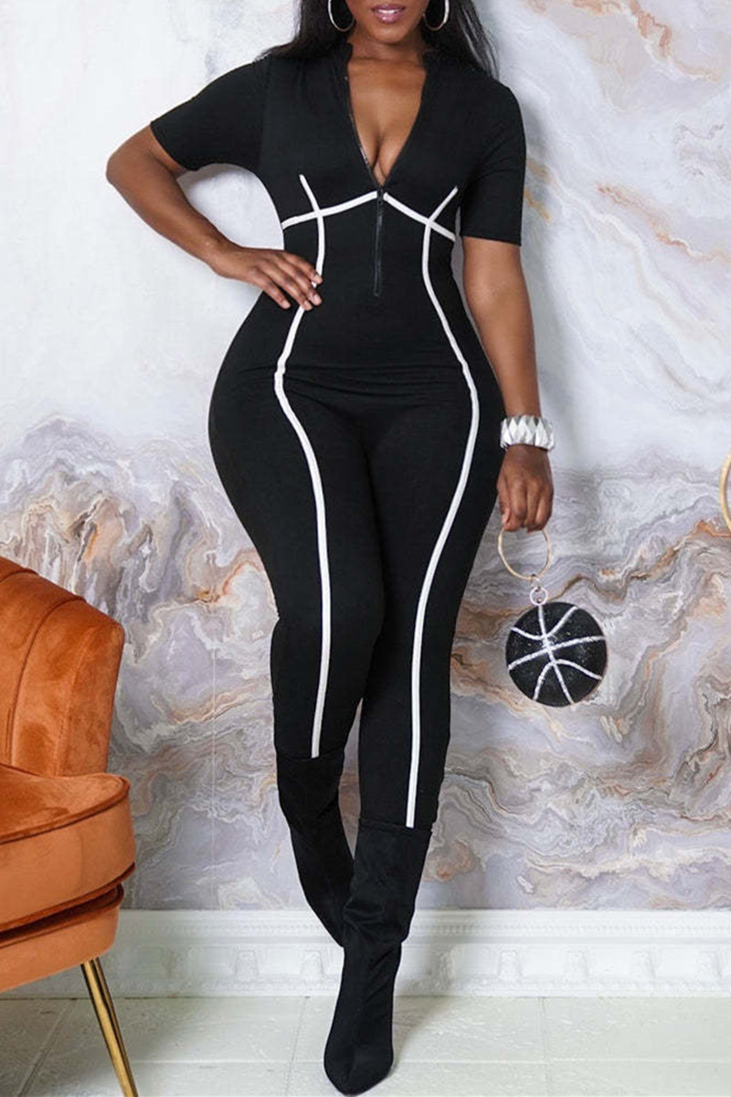 

Black Fashion Casual Solid Split Joint Zipper Collar Skinny Jumpsuits