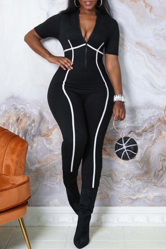 Black Fashion Casual Solid Patchwork Zipper Collar Skinny Jumpsuits
