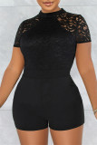 Black Fashion Sexy Solid Lace Patchwork See-through Half A Turtleneck Skinny Romper