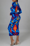 Multicolor Fashion Casual Print Basic Turndown Collar Long Sleeve Dresses