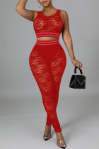 Moda roja Sexy de parches lisos, chalecos transparentes, se encoge de hombros, cuello redondo, sin mangas, dos piezas