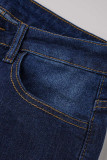 Темно-синие джинсы из денима обычного цвета с леопардовым принтом и завышенной талией в стиле пэчворк