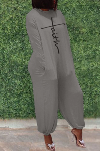 Grey Casual Letter Print Without Belt O Neck Loose Jumpsuits