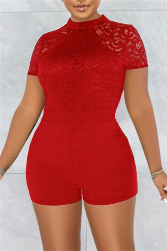 Red Fashion Sexy Solid Lace Patchwork See-through Half A Turtleneck Skinny Romper
