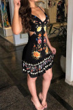 Matte Black Sexy Print Hollowed Out Patchwork Spaghetti Strap Printed Dress Dresses