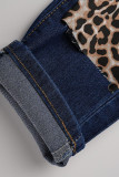 Jeans in denim regolari a vita alta patchwork scavato leopardato con stampa di strada blu intenso