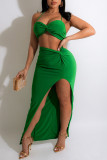 Green Sexy Solid Hollowed Out Patchwork Slit Spaghetti Strap Sleeveless Two Pieces