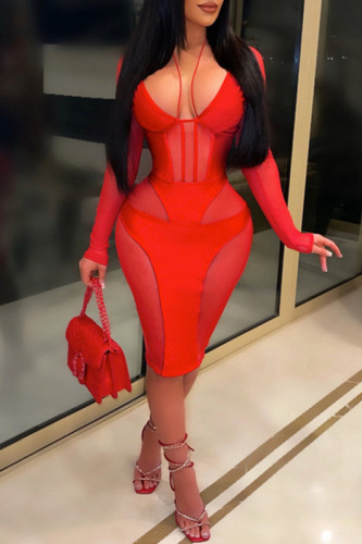 Red Fashion Sexy Patchwork See-through V Neck Long Sleeve Plus Size Dresses